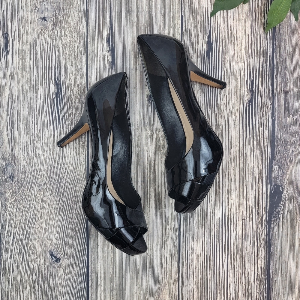 Via Spiga Black Patent Leather Peep Toe Platform Heels